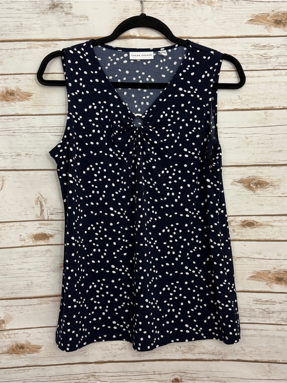 Susan Graver Navy Blue Polka Dot Keyhole Sleeveless Tank Top